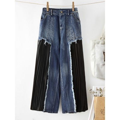 Patchwork Denim Pleated Trousers Stitching Hem Pocket Button Loose Jeans