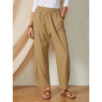 Solid Color Elastic Waist Casual Cotton Women Pants