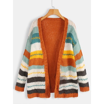 Women Casual Striped Color Block Sweater Cardigans