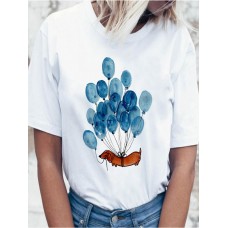 Cute Cartoon Dog Balloon Round Neck Women White Short Sleeve T Shirts