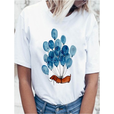 Cute Cartoon Dog Balloon Round Neck Women White Short Sleeve T Shirts