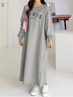 Women Sweatshirt Letter Printed Calf Length O  Neck Casual Midi Dresses