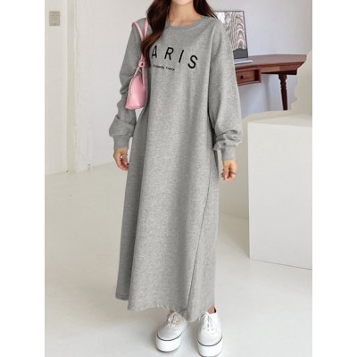 Women Sweatshirt Letter Printed Calf Length O  Neck Casual Midi Dresses