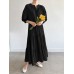 Solid Button Half Sleeve V neck Loose Casual Maxi Dress