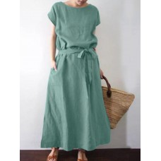 Solid Color Short Sleeve O neck Knotted Cotton Dress