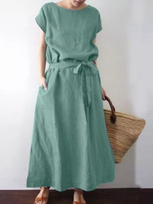 Solid Color Short Sleeve O neck Knotted Cotton Dress