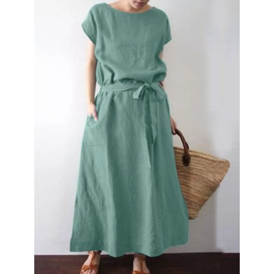 Solid Color Short Sleeve O neck Knotted Cotton Dress