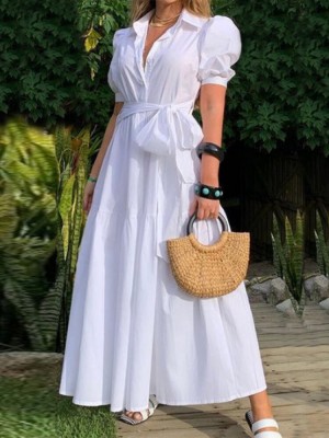 Solid Puff Sleeve Belt Bow Button Lapel Maxi Shirt Dress