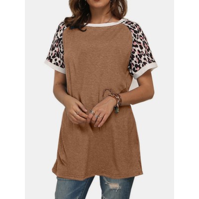 Leopard Patchwork O neck Short Sleeves Casual T shirts