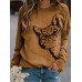 Women Cute Cartoon Cat Print Round Neck Loose Casual Long Sleeve T Shirts