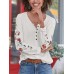 Bohemian Women Side Floral Embroidery Button Vintage Long Sleeve Casual T Shirts